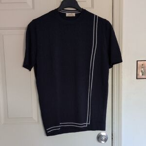 Hermes Navy Blue Short Sleeve Sweater with White Stripes